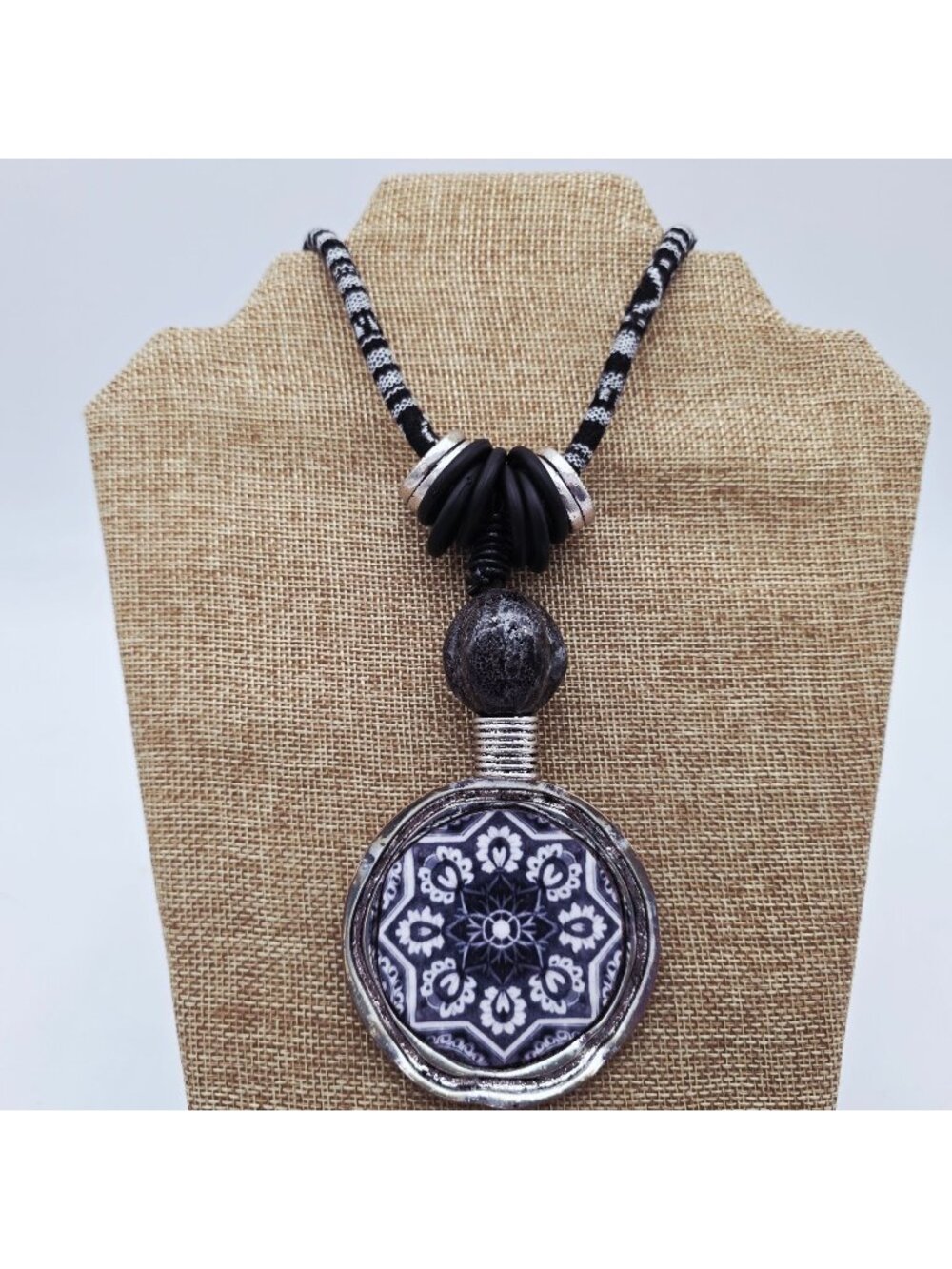 Boho Statement Necklace Black & White Cord And Large Mandala Pendant Treska